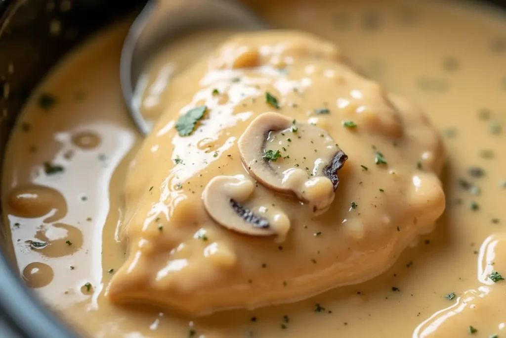 Cream of Mushroom Chicken close-up, with spoon, garnished with fresh herbs.