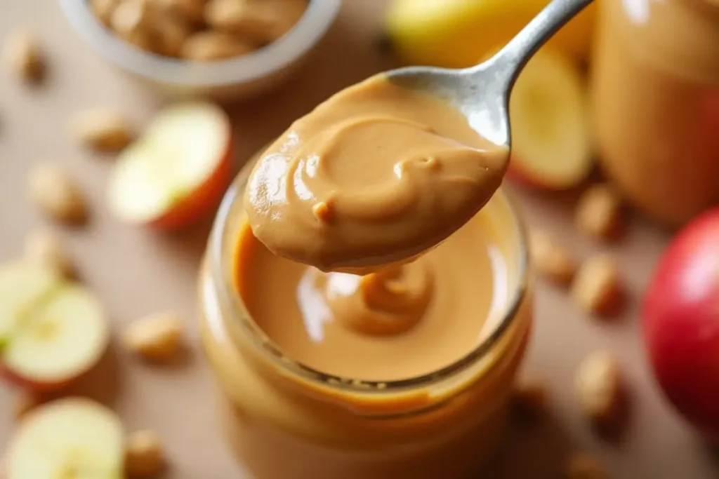 Creamy peanut butter on a spoon, with peanuts, apples, and bananas around the jar.