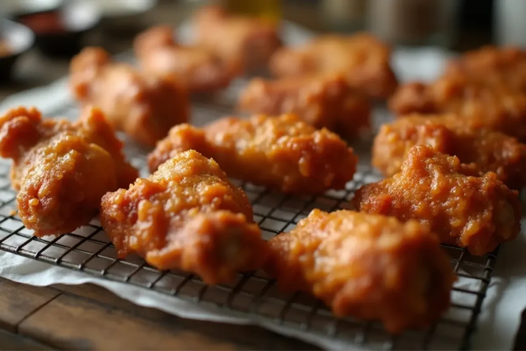 Crispy fried chicken wings on wire rack to drain oil