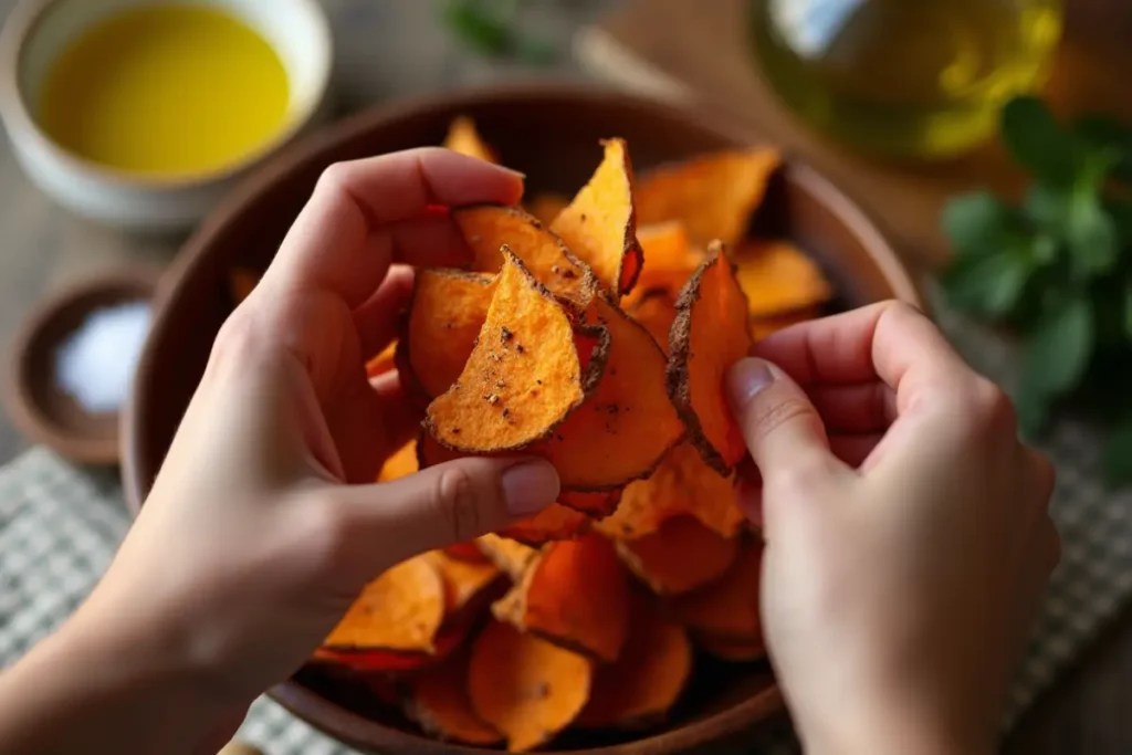 Hands holding crispy sweet potato skin chips over a wooden bowl, emphasizing the idea of using the peels for a delicious and healthy snack. Showing a recipe for using the sweet potato skin.