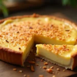 Close-up of a sliced Impossible Coconut Custard Pie on a wooden board, showcasing its golden-brown top and creamy custard interior.