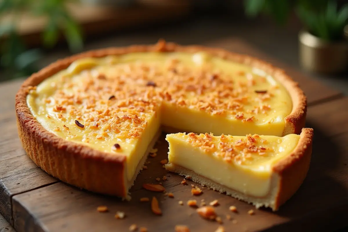 Close-up of a sliced Impossible Coconut Custard Pie on a wooden board, showcasing its golden-brown top and creamy custard interior.