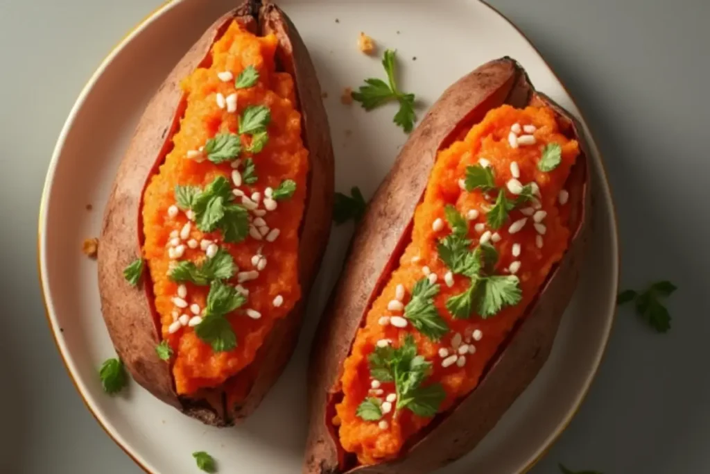 Close-up of two stuffed baked sweet potatoes, topped with mashed sweet potato, fresh herbs and white sesame seeds.