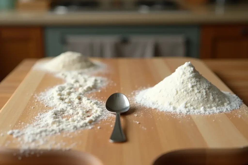 Baking soda and baking powder piles on a wooden board with a spoon in between.