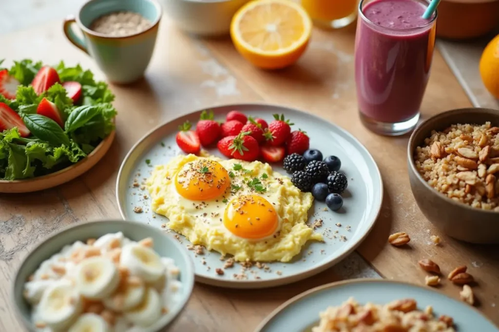 Overhead view of a breakfast table with various high protein breakfast options including eggs, smoothie, oatmeal, yogurt, and fruit.