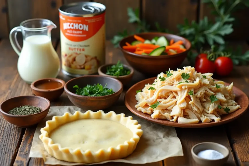 Rustic flat lay of ingredients for easy chicken pot pie including cooked chicken, vegetables, cream soup, and pie crust.