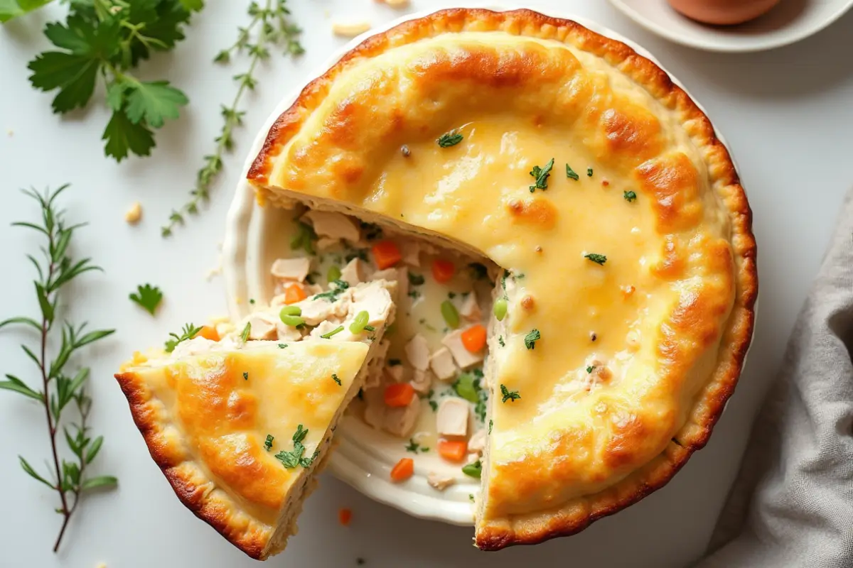 Top-down view of a sliced, golden-brown easy chicken pot pie with a creamy filling and fresh parsley garnish.