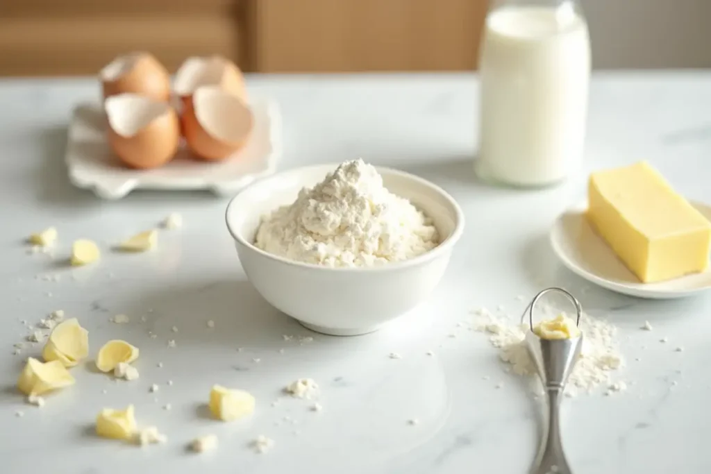 White bowl with flour, baking powder in a spoon, eggs, milk, and butter spread across a kitchen counter.