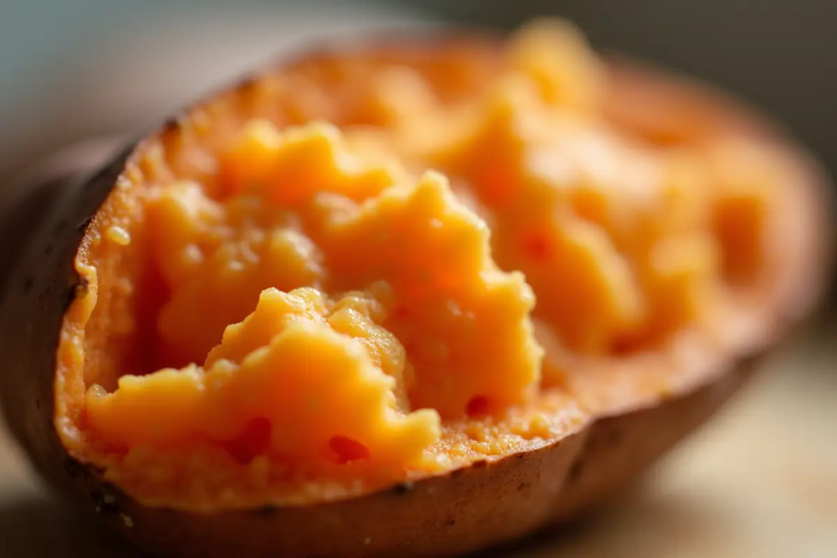 Close-up of a fluffy, cooked microwave sweet potato showing its soft, orange interior.