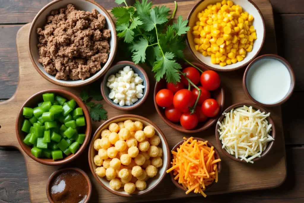 Overhead view of various cowboy casserole ingredients arranged in bowls on a wooden cutting board.