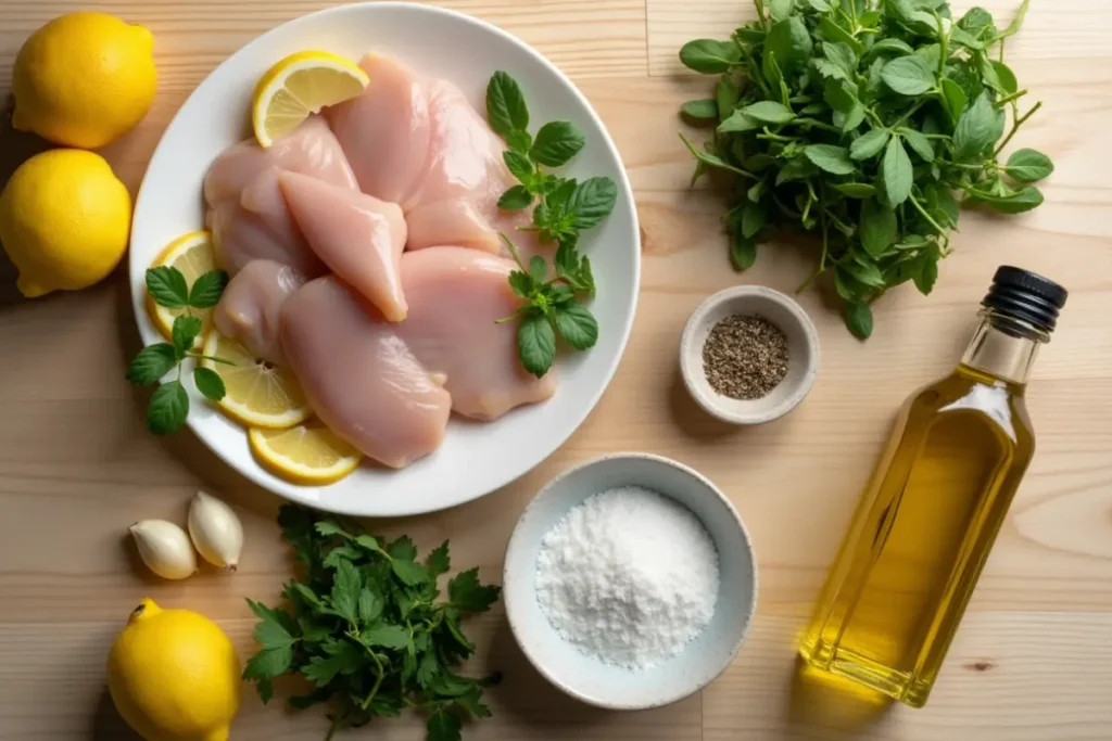 Overhead shot of fresh ingredients for melt-in-your-mouth chicken: chicken breasts, lemons, herbs, garlic, salt, pepper, and olive oil.