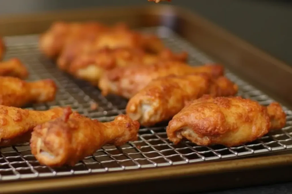 Hand picking up a freshly baked crispy chicken wing from a wire rack