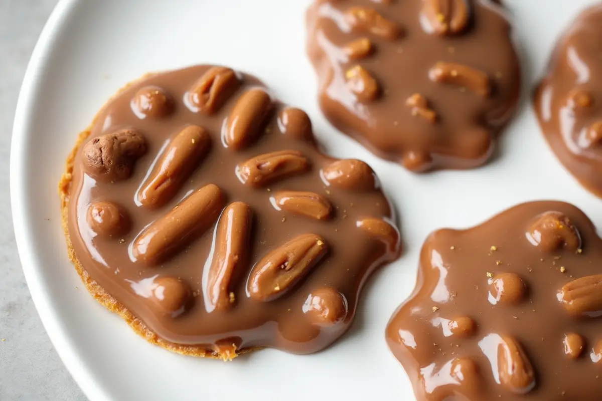 Close-up of four New Orleans-style pralines on a white plate, showcasing their glossy caramel coating and pecan halves.