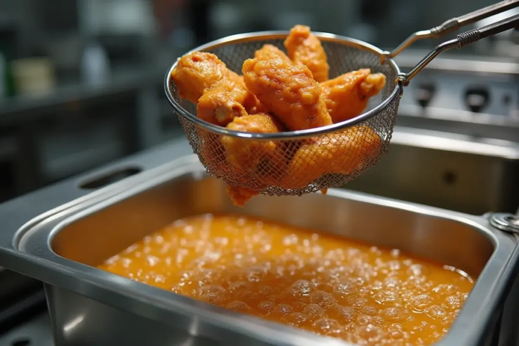 Chicken wings frying in a deep fryer with hot oil.