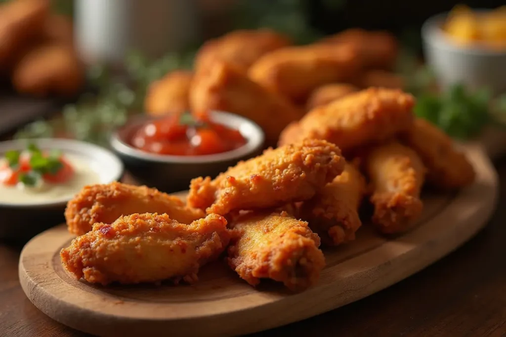 Golden-brown fried chicken wings with dipping sauces on a wooden platter.