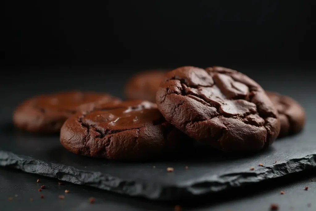 Close-up of freshly baked brownie mix cookies with a gooey center on a dark slate surface.