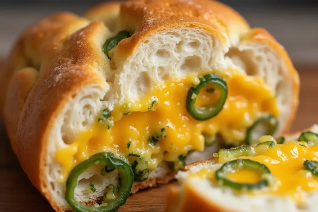 Close-up of a sliced vegan jalapeño cheddar bread with melted cheddar and jalapeño rings inside.