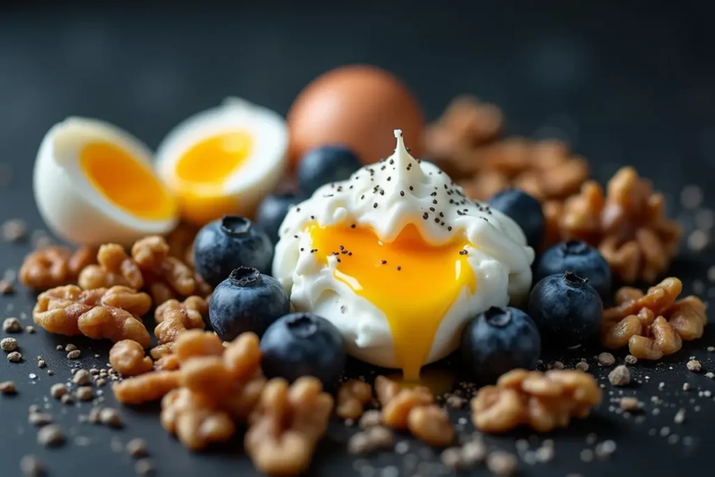 Close-up of a high protein breakfast with a poached egg, sliced hard boiled egg, blueberries, and walnuts on a dark background.