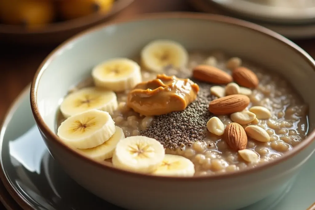 Close-up of cooked oatmeal topped with banana slices, peanut butter, almonds, and chia seeds.