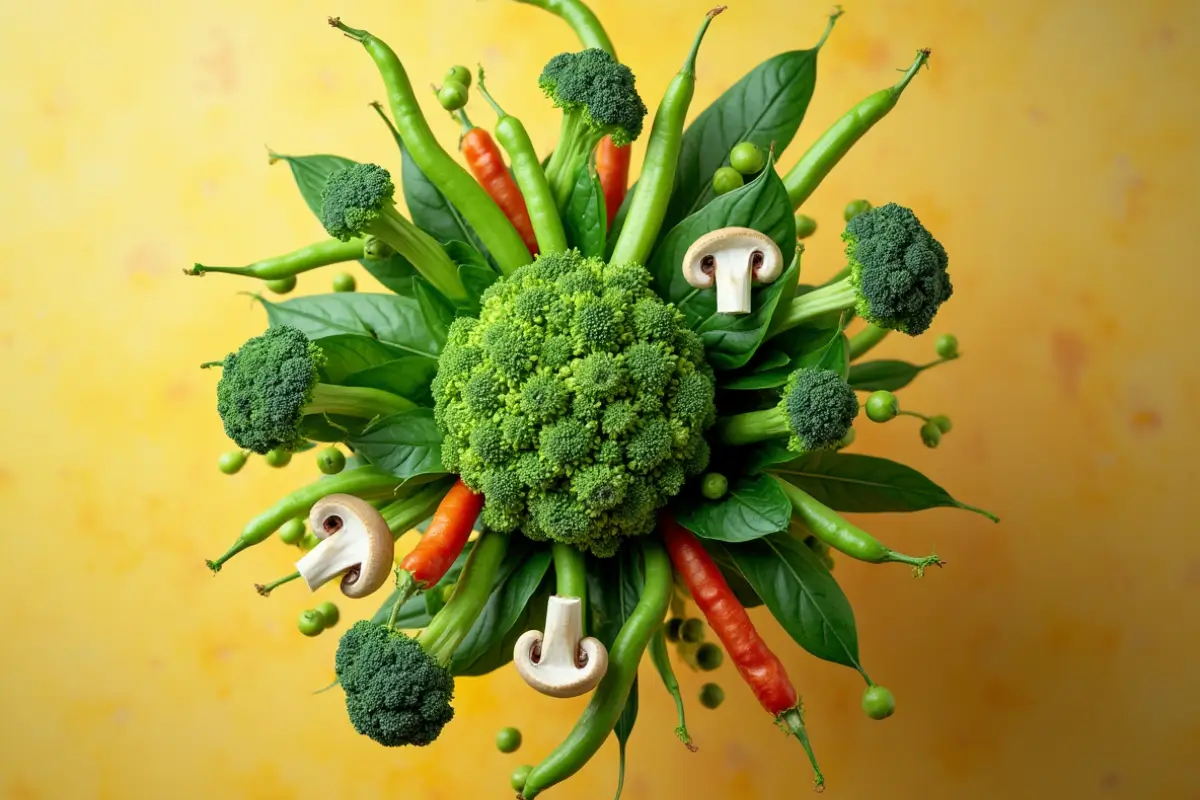 Circular arrangement of high-protein vegetables including broccoli, green beans, carrots, and mushrooms on a yellow background.