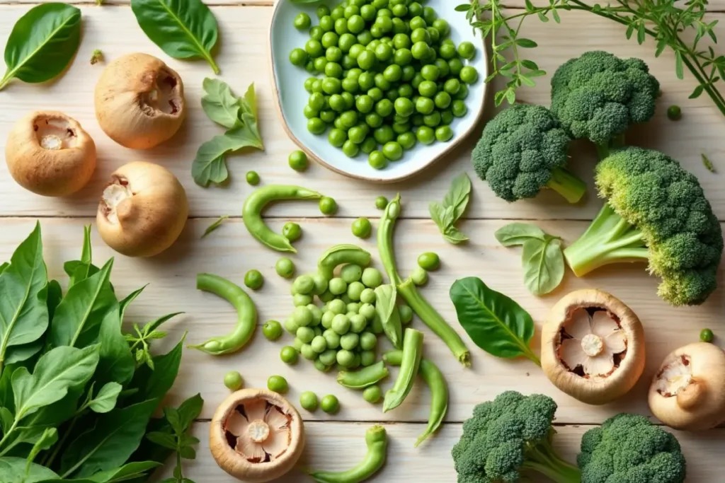 Flat lay of high-protein vegetables including mushrooms, peas, and broccoli on a light wooden surface.