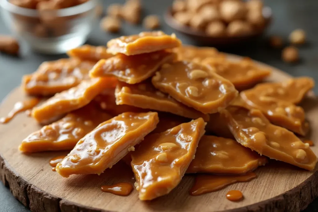 Close-up of homemade peanut brittle pieces piled on a wooden board, with scattered roasted peanuts in the background.