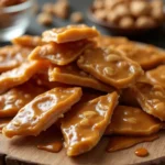 Close-up of homemade peanut brittle pieces piled on a wooden board, with scattered roasted peanuts in the background.