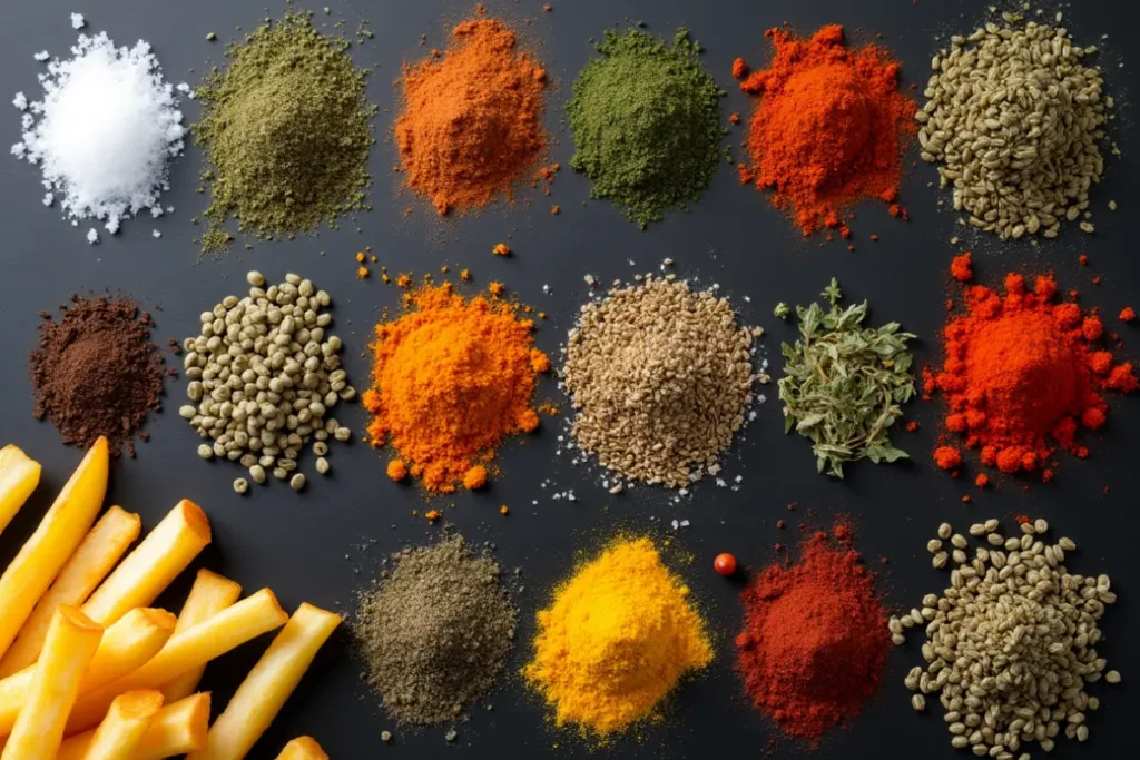 Colorful array of spices with a small portion of golden fries.