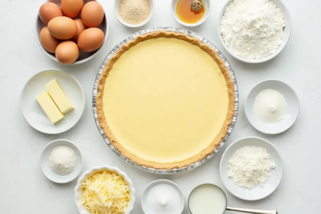 Flat lay of ingredients for Impossible Coconut Custard Pie including eggs, butter, flour, sugar, milk, and coconut arranged around a prepared pie.