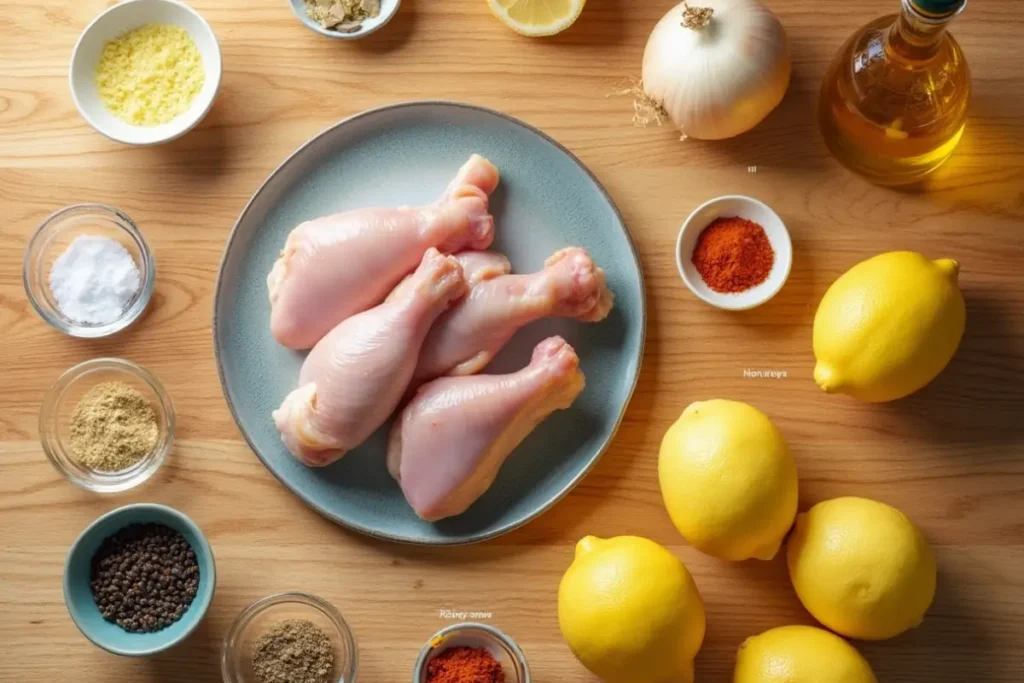 Flat lay of the essential ingredients for lemon pepper wings, including chicken wings, fresh lemons, black peppercorns, salt, garlic powder, onion powder, paprika, and oil, arranged on a light wood surface.