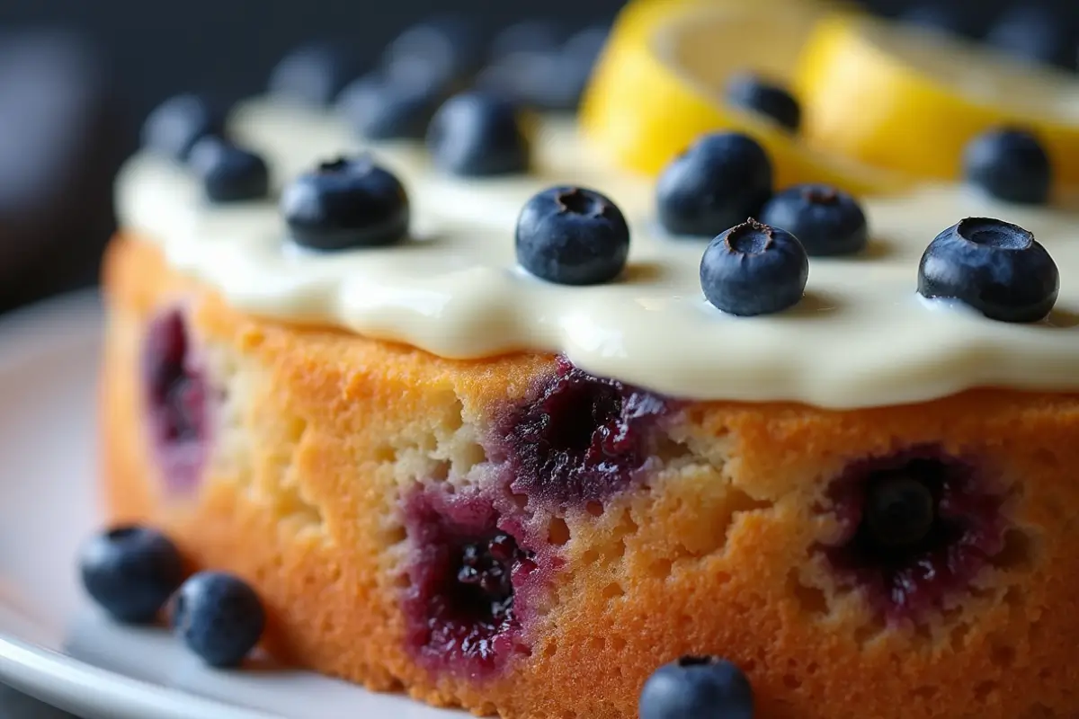 Close-up of a lemon blueberry mascarpone cake with fresh blueberries and lemon slices on top, showing the layers and textures.