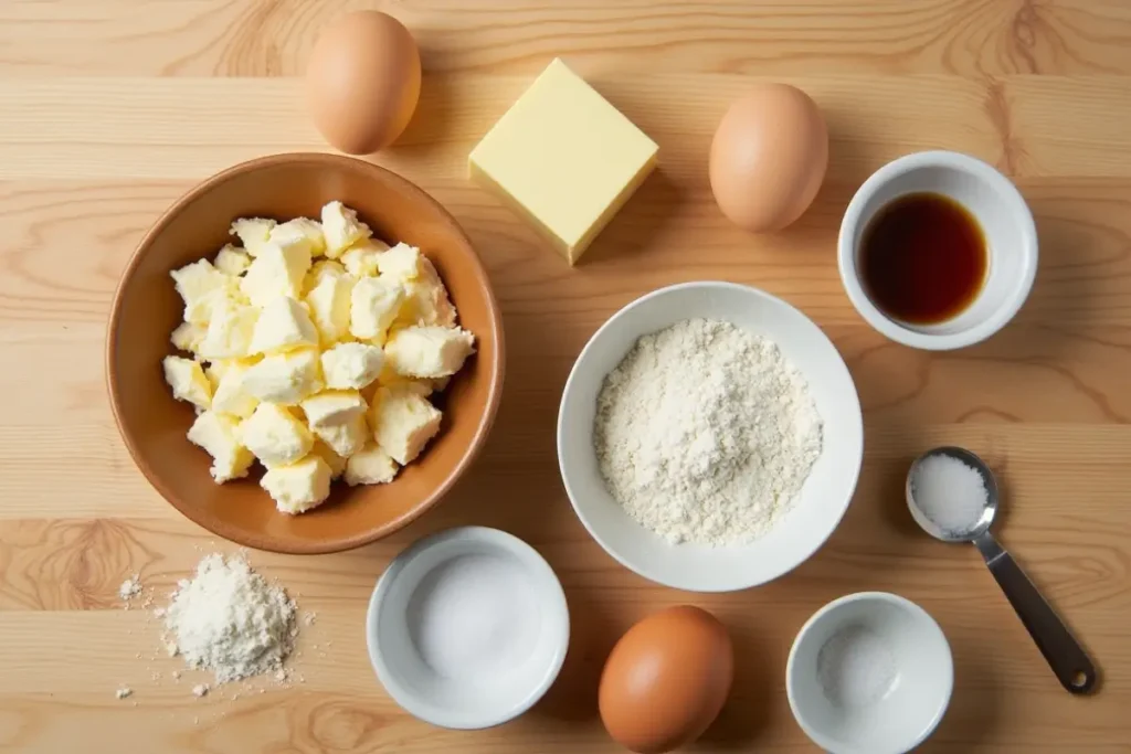 Overhead flat lay of ingredients for madeleine cookies, including cream cake, butter, eggs, flour, vanilla, salt, and sugar.