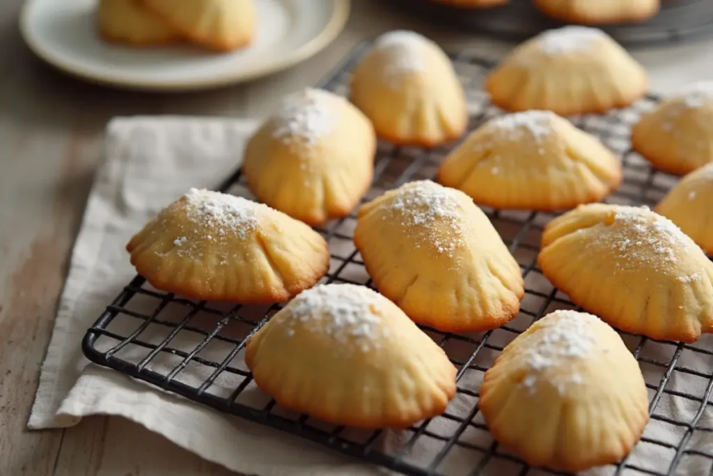 Freshly baked madeleine cookies cooling on a wire rack, lightly dusted with powdered sugar.