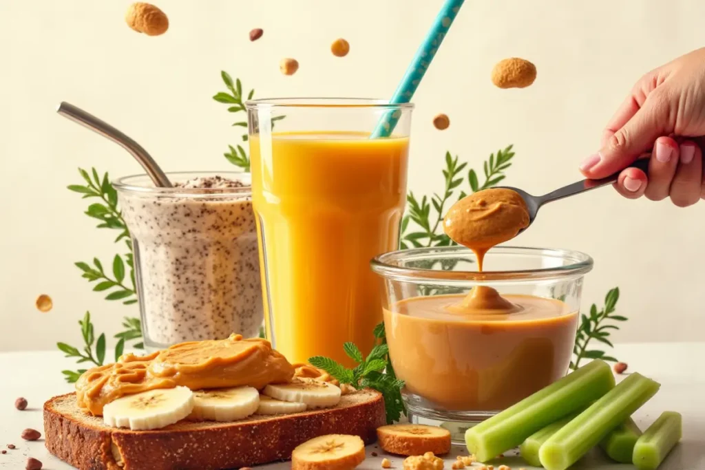 Collage of peanut butter with various protein-rich foods like smoothies, yogurt, toast, and celery.