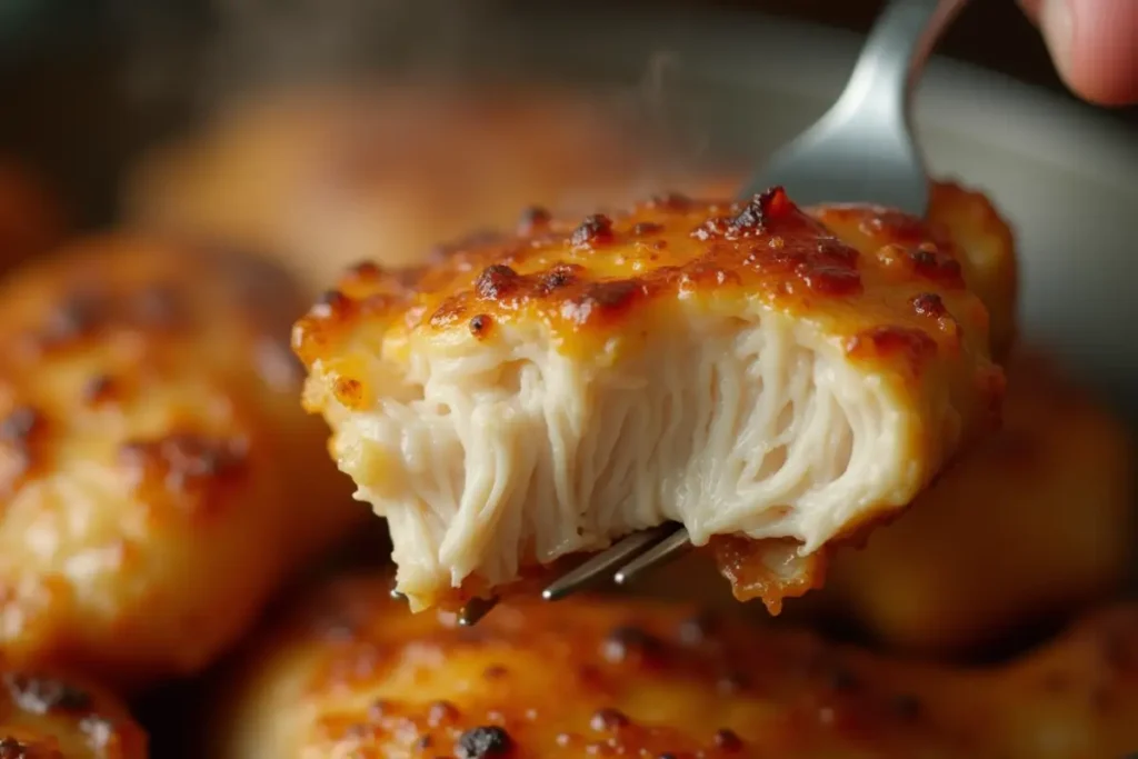 Close-up of tender, juicy melt-in-your-mouth chicken being held on a fork, showcasing the cooked texture.