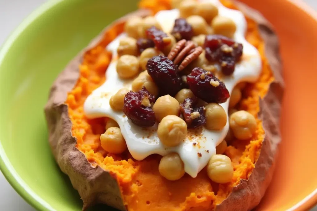 Microwave sweet potato topped with yogurt, chickpeas, dates, and pecans, in a colorful bowl.