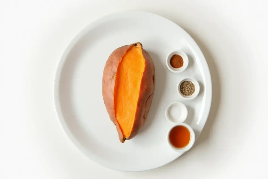 Microwave sweet potato with seasonings arranged on a white plate, including salt, pepper, paprika and honey.