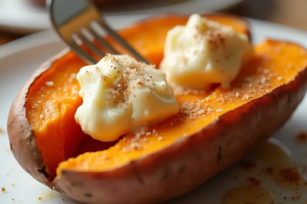 Microwaved sweet potato with butter and cinnamon, close-up