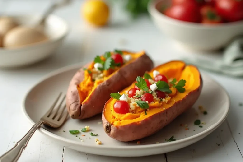 Microwaved sweet potatoes topped with cherry tomatoes and herbs, on plate