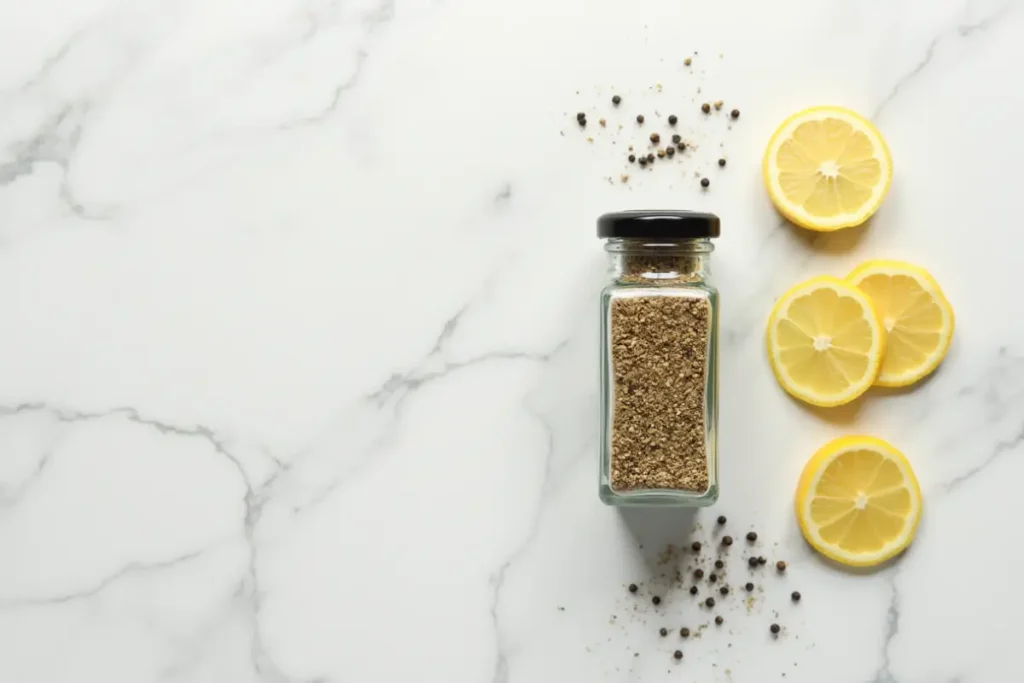 Flat lay of lemon pepper seasoning in a glass jar, alongside lemon slices and peppercorns on a marble surface.