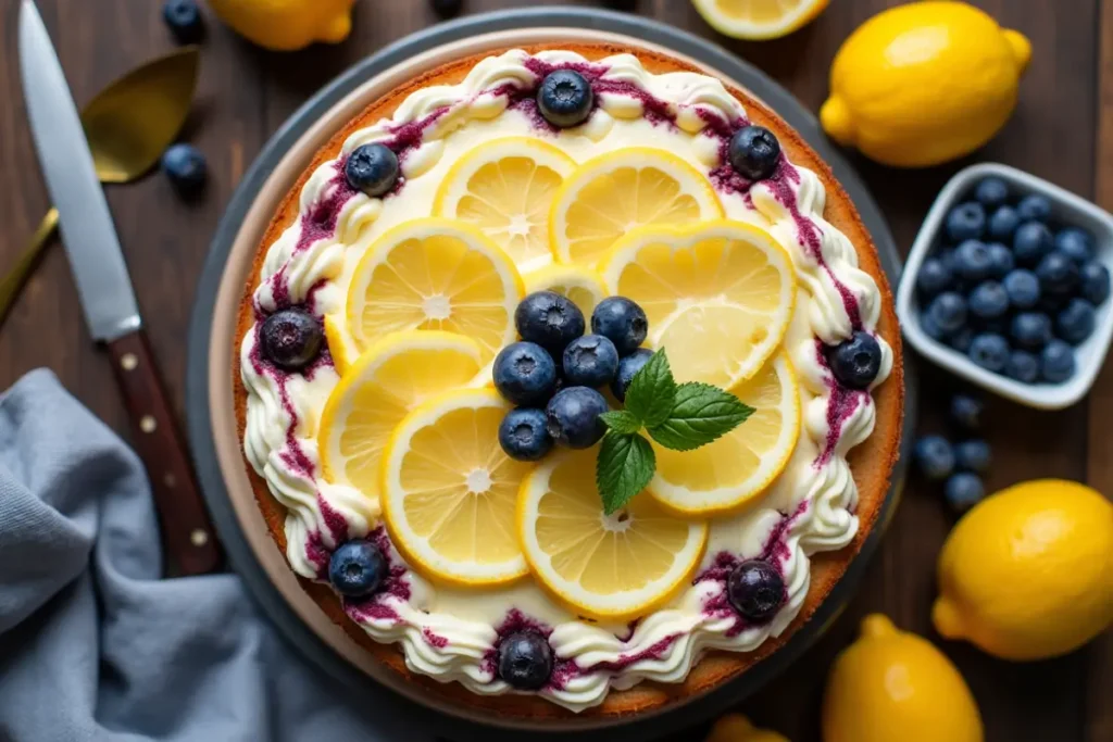 Overhead view of a whole lemon blueberry mascarpone cake with lemon slices, blueberries, and fresh mint, displayed on a wooden table alongside whole lemons.