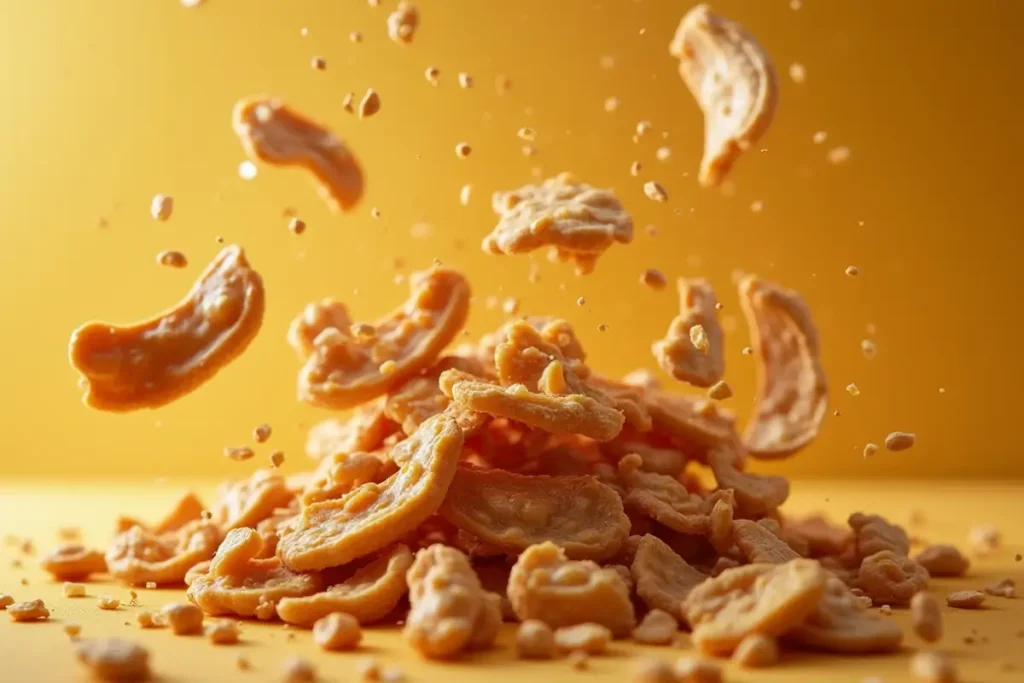 Pieces of peanut brittle flying in the air against a yellow background.