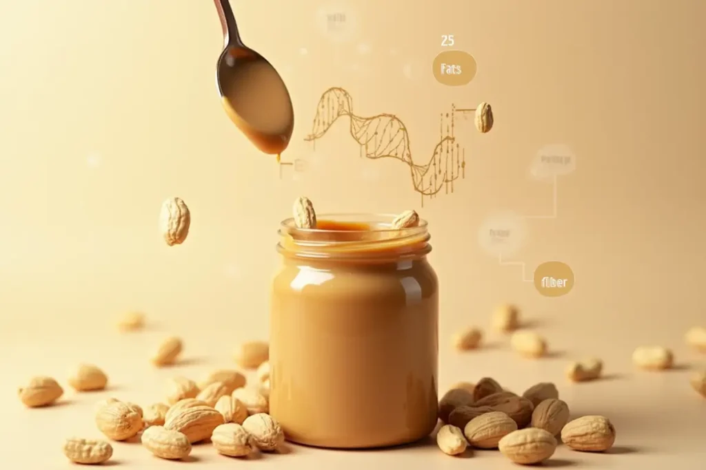 Conceptual image of a peanut butter jar with overlaid nutritional data and DNA strand, representing a deep dive into its nutritional profile.