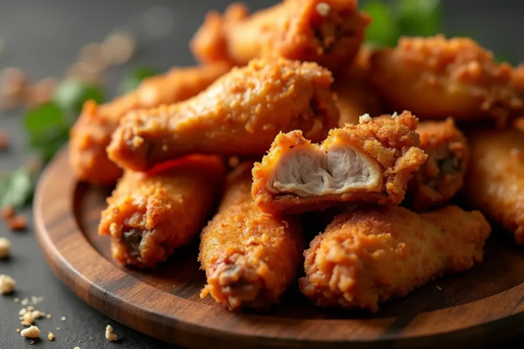 Close-up of golden-brown crispy chicken wings on a wooden plate