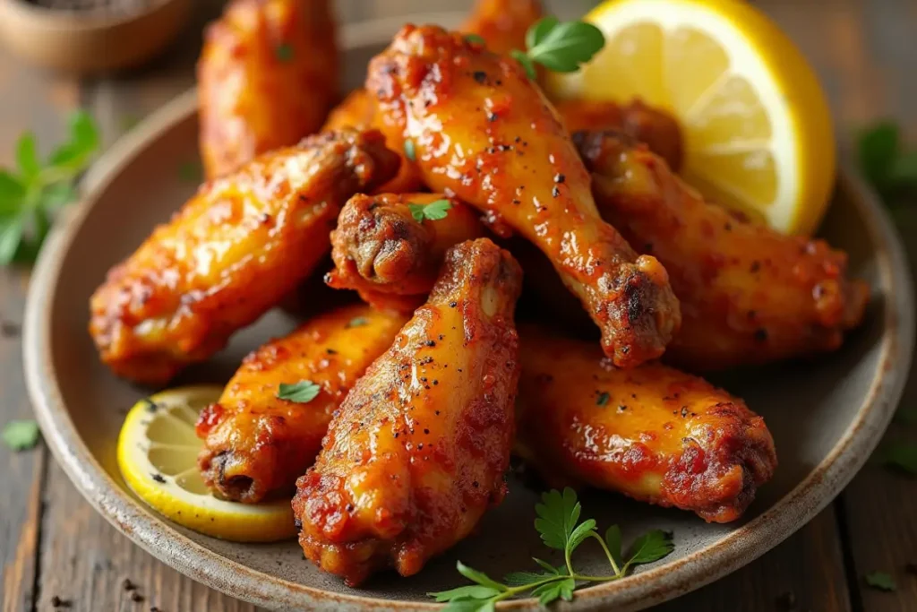 Close-up view of golden-brown, crispy lemon pepper wings on a plate, garnished with fresh lemon slices and pepper, resting on a rustic wooden table.