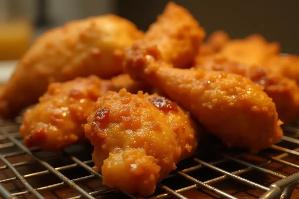 Close-up of freshly fried, golden-brown chicken pieces resting on a metal wire rack.