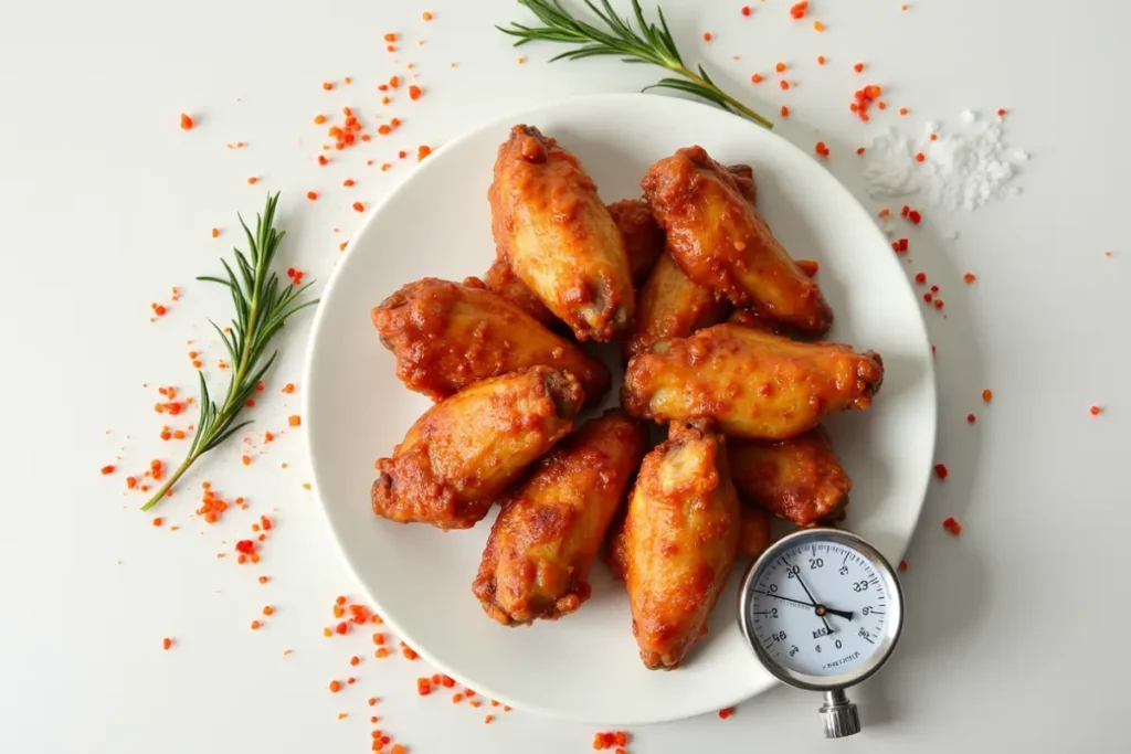 Perfectly fried chicken wings with scattered spices and a thermometer