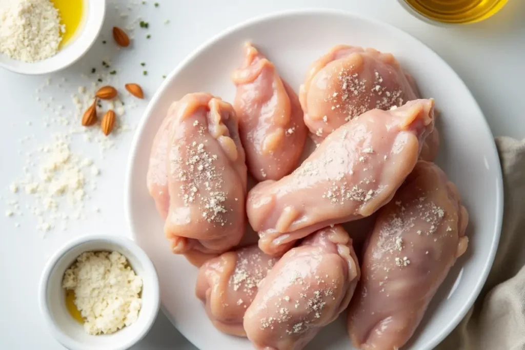 Raw chicken wings coated in starch before cooking, with oil and more starch nearby