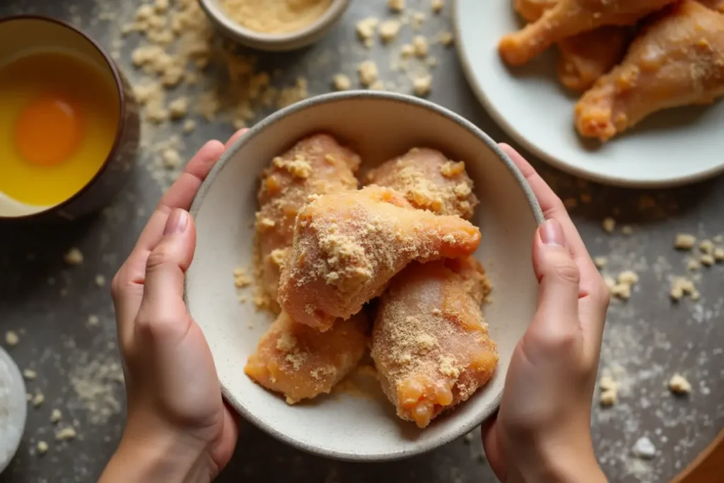 Hands holding a bowl of raw chicken pieces coated in a yellowish powder, preparing for frying, with eggs and more chicken in the background.