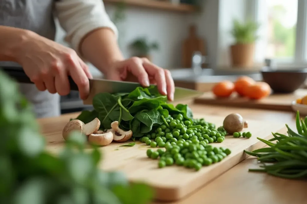 Hands cutting spinach and mushrooms on a wooden cutting board with peas in view.